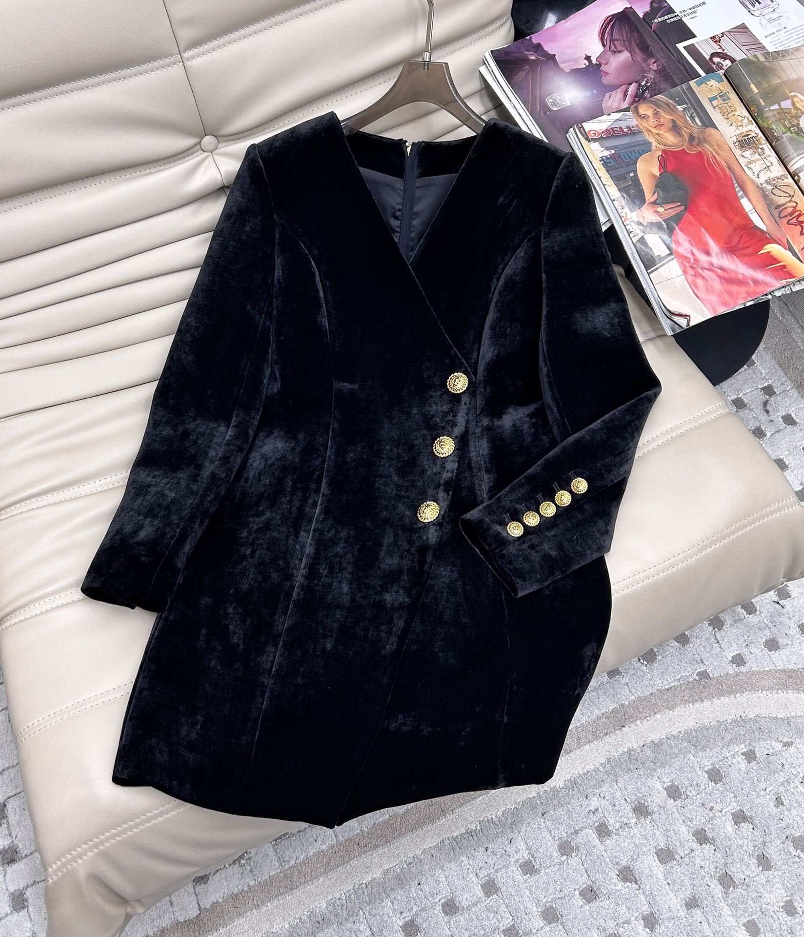 Balmain Black Velvet V-Neck Gold Button Waist Slimming Dress 2 i1730281792 544 0
