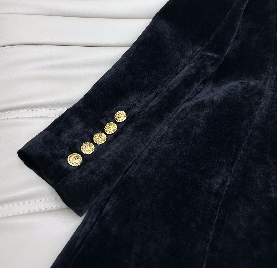 Balmain Black Velvet V-Neck Gold Button Waist Slimming Dress 8 i1730281792 8642 8