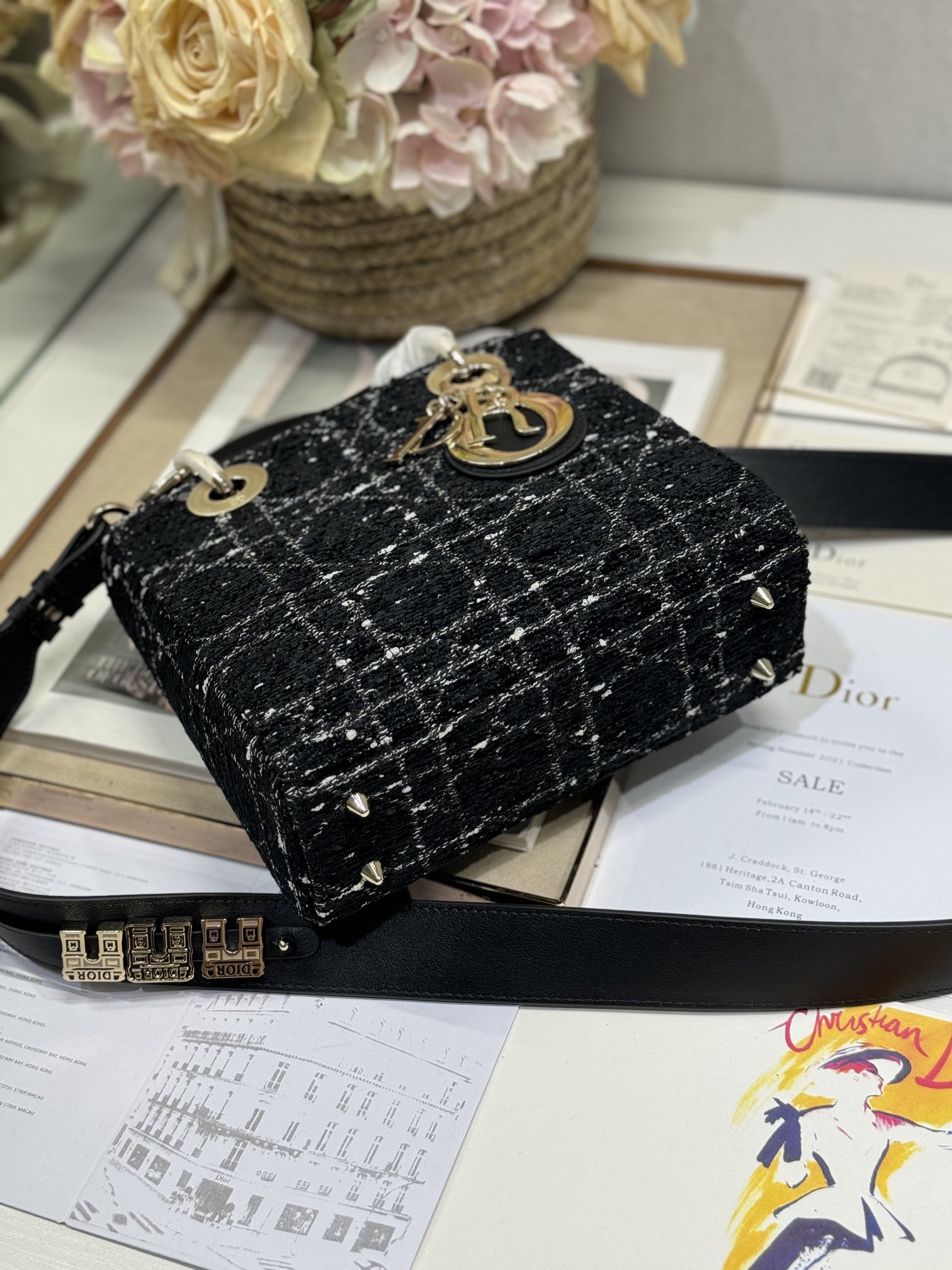Dior Lady Dior Black Tweed Handbag with Wide Shoulder Strap 4 i1730363619 1513 3
