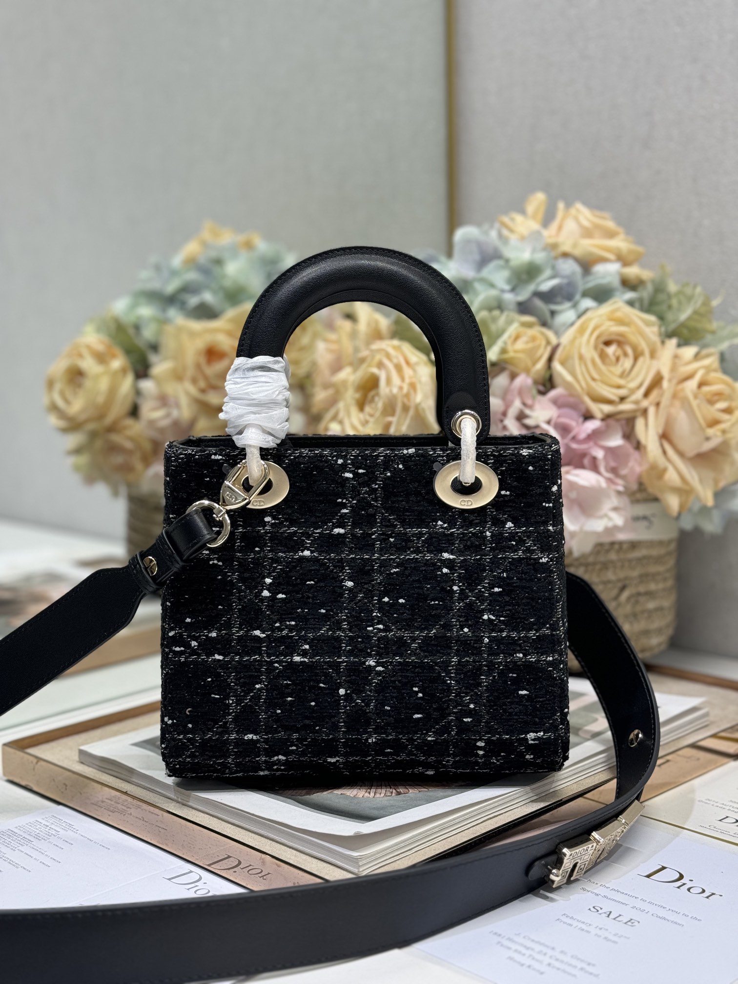Dior Lady Dior Black Tweed Handbag with Wide Shoulder Strap 3 i1730363619 74 2