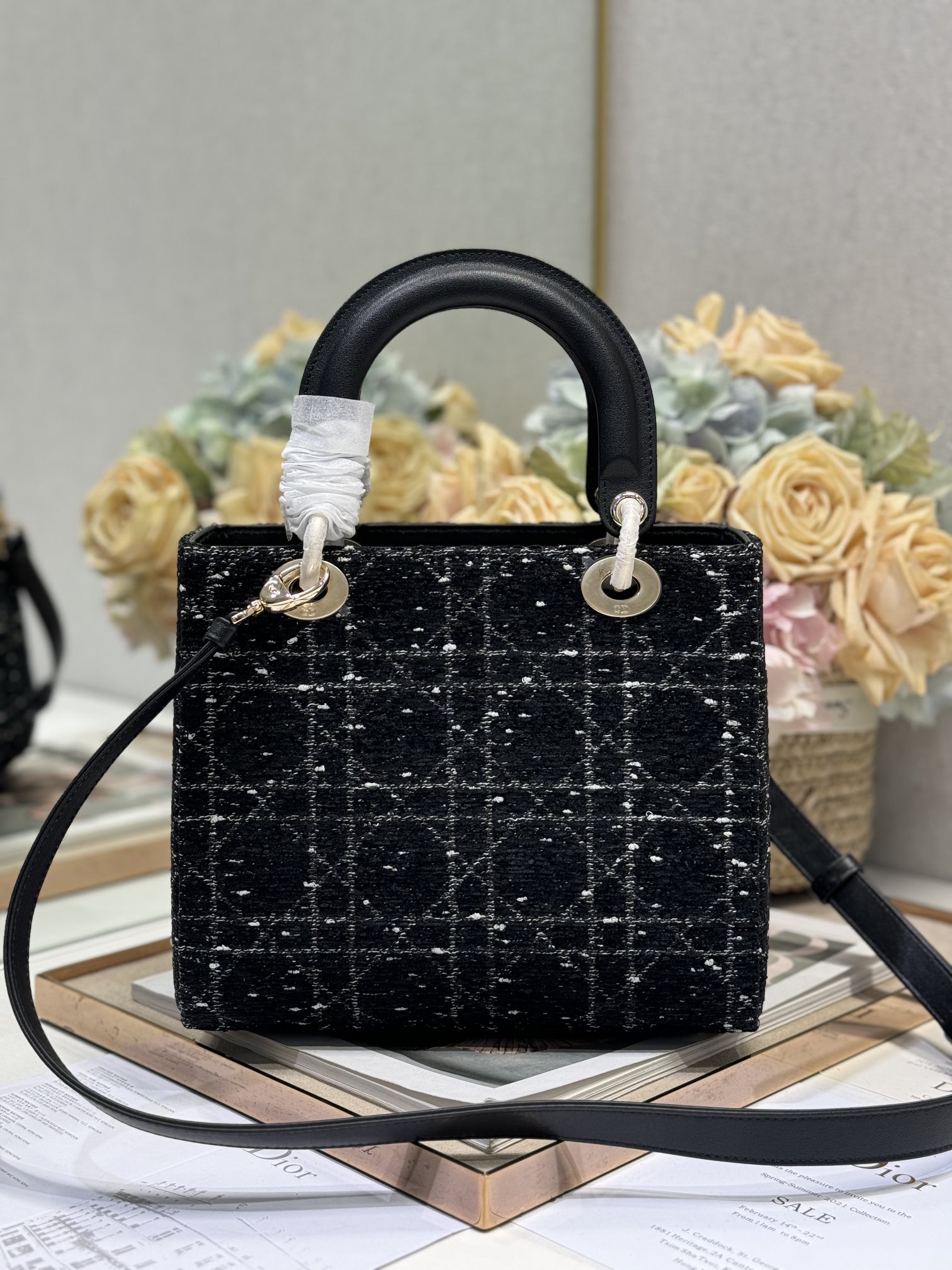 Lady Dior Black Tweed Handbag, Five-Compartment, Adjustable Strap, 24 x 20 x 11 cm 3 i1730364102 1612 2