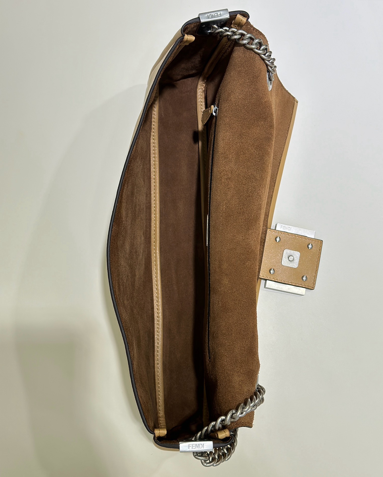 Fendi Baguette Chain Large Handbag in Soft Calfskin Leather, Brown Suede Interior 10 i1731146605 2575 8