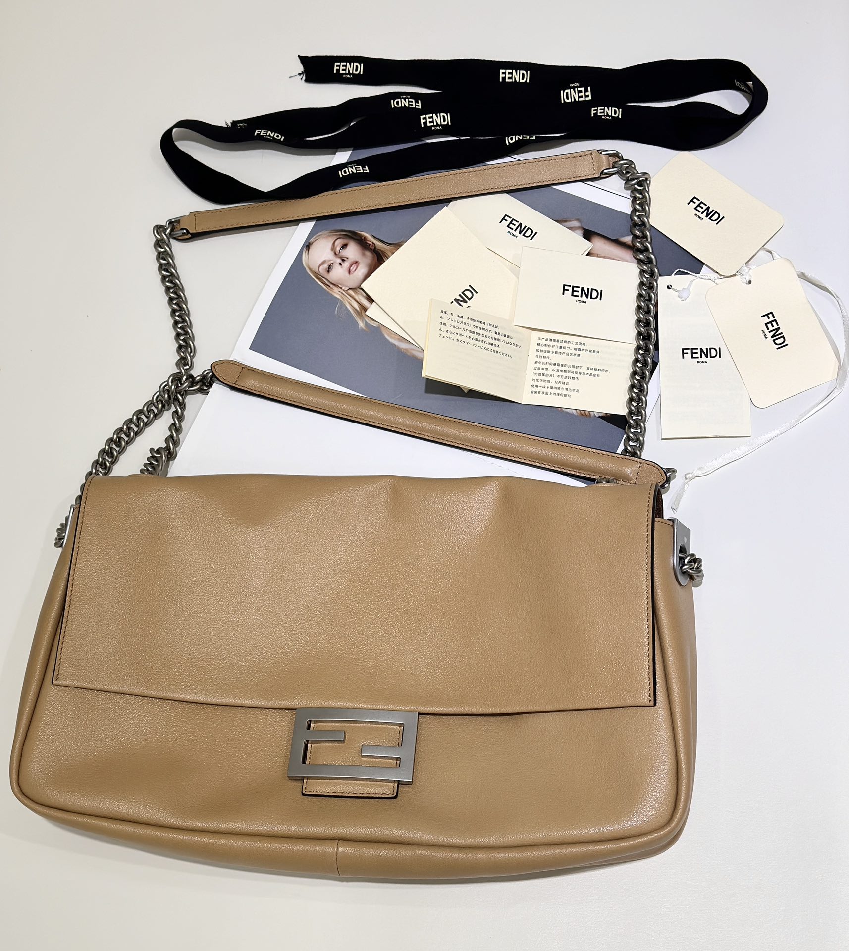 Fendi Baguette Chain Large Handbag in Soft Calfskin Leather, Brown Suede Interior 2 i1731146605 8737 0