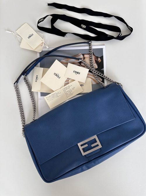Fendi Baguette Chain Bag - Blue Leather, Spacious, Shoulder or Crossbody