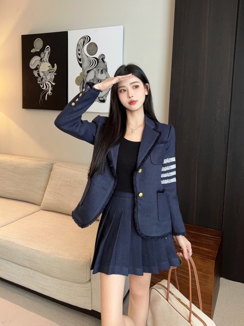 Thom Browne Women's Navy Blazer and Pleated Skirt Set - Striped Trim 1 Thom Browne Women's Navy Blazer and Pleated Skirt Set - Striped Trim