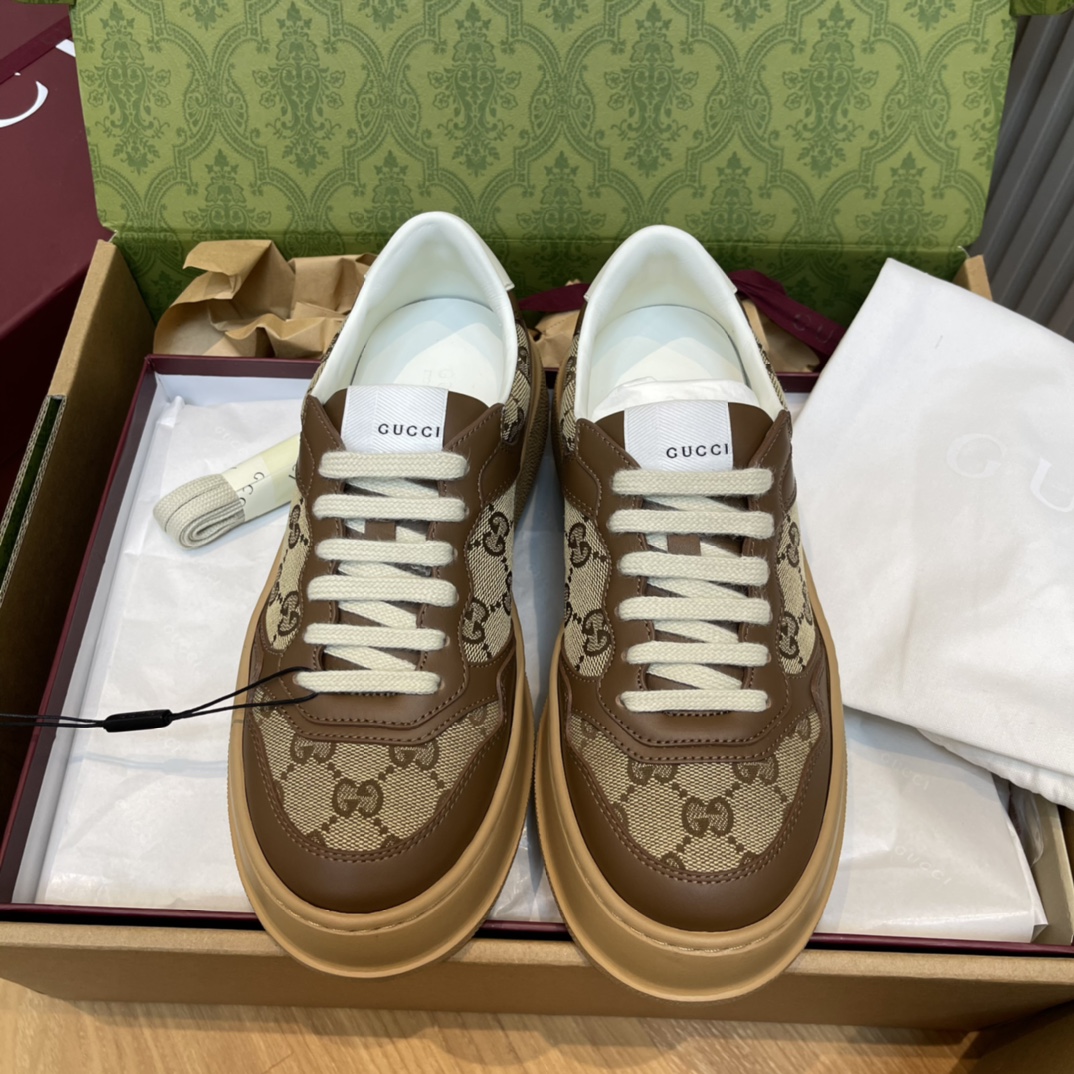 GUCCI 雙G老花 牛皮 厚底 繫帶 休閒鞋