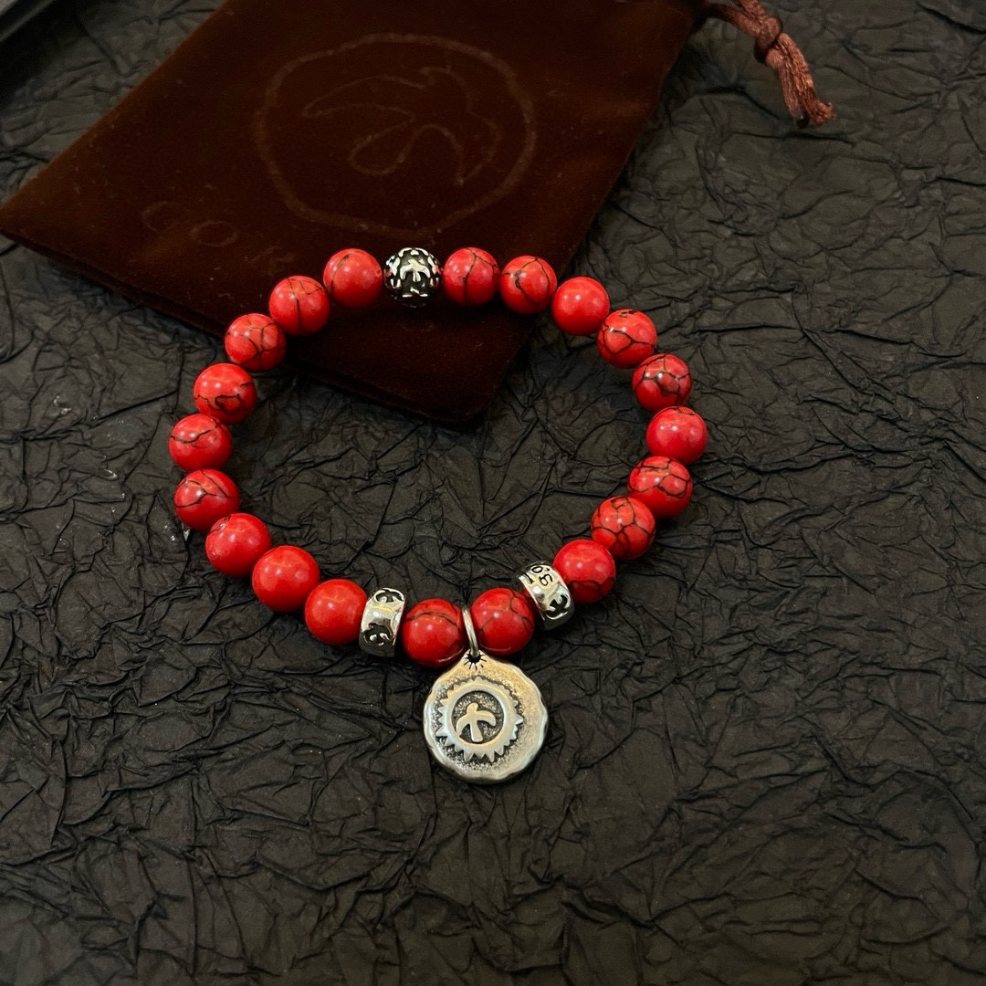 “Exclusive Handmade Red Pinestone Silver Handcuff: Master-Crafted High-End Market Jewelry for Men and Women” - 图片 4