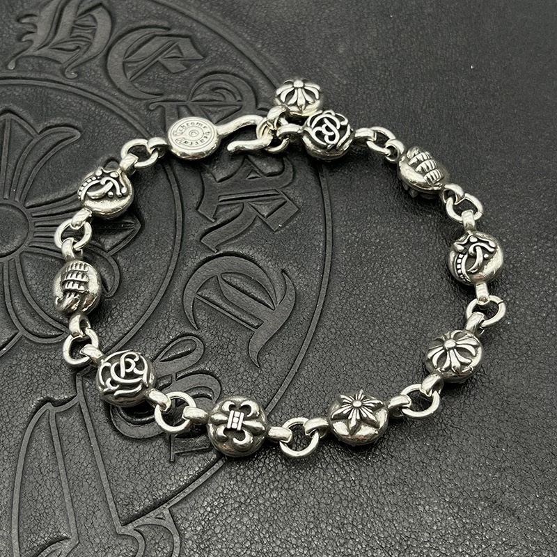 NO:115170,CH trendy brand Croatia silver retro six-element ball large bracelet men and women cruciferous flowers adjustable, jewelry boutique, chrome hearts, bracelet19860909CH潮牌克罗伈泰银复古六元素球大号手链男女十字花童军花可调节,饰品精品,chrome hearts,bracelet,Jewelry