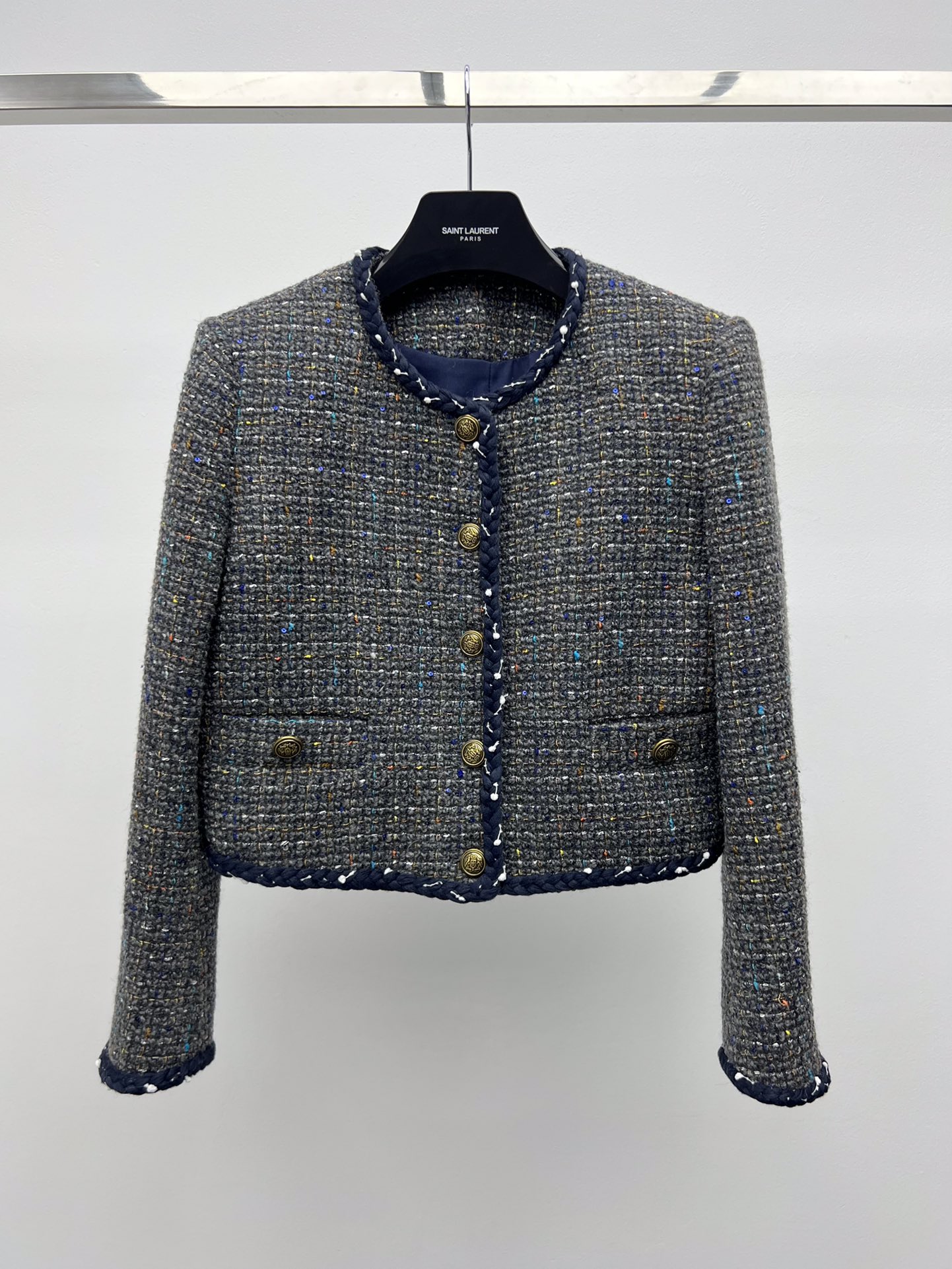 One-Size-Fits-All Female Suit in Retro Blue and Gray, Made of Wool and Flowers