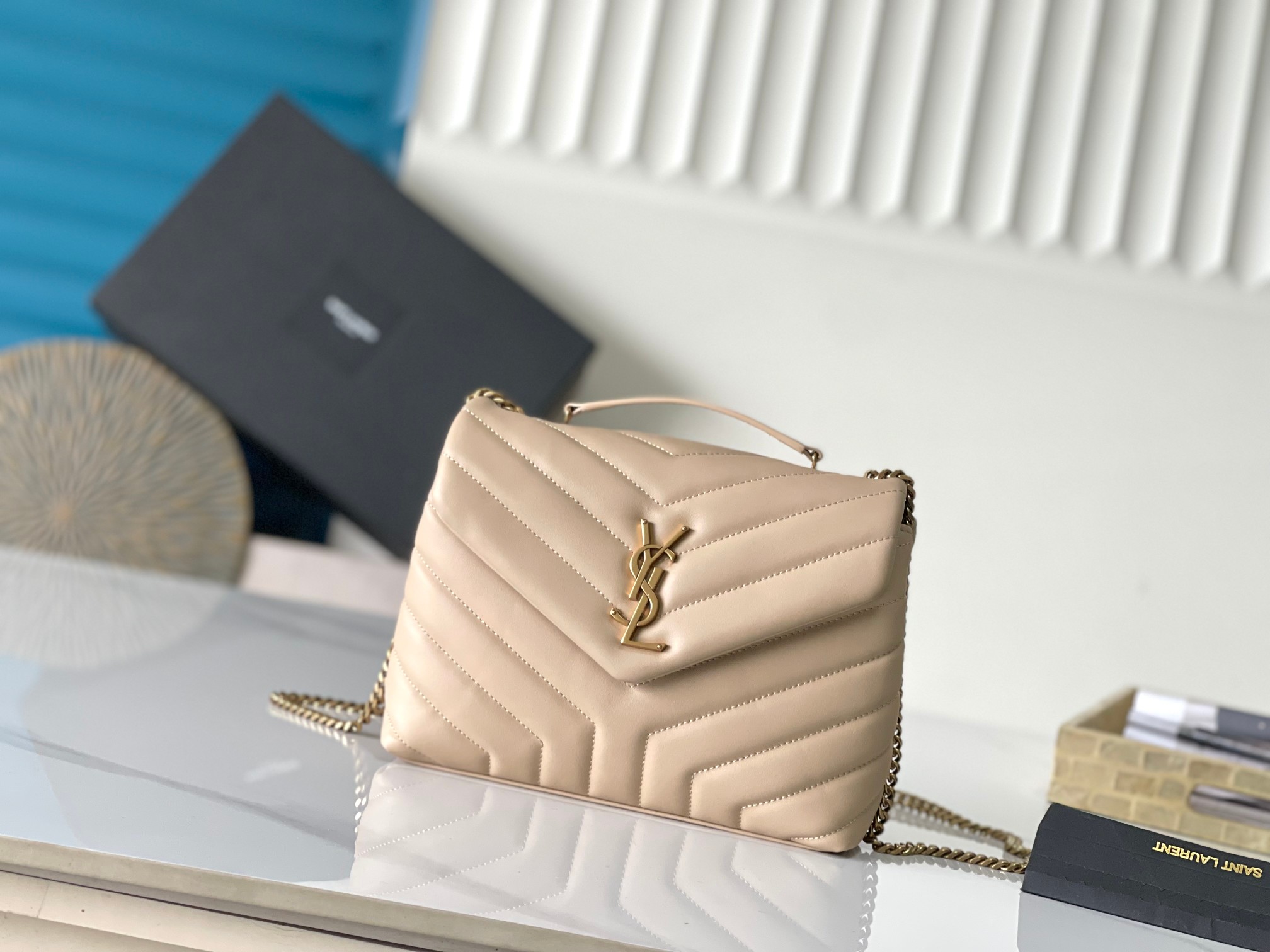 YSL Loulou apricot-gold leather chain bag compartment commuter bag