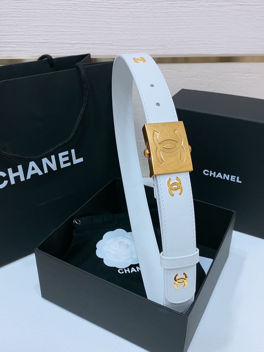 chanelCC标志搭扣复古鎏金金色金属小牛皮腰带3.0mm精品奢华典雅