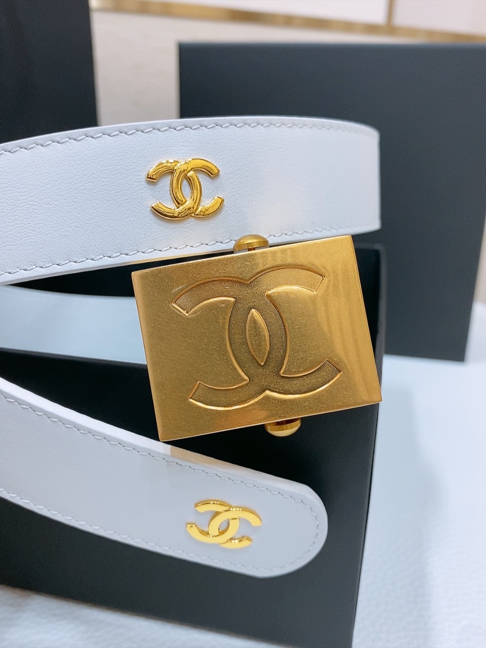 chanelCC标志搭扣复古鎏金金色金属小牛皮腰带3.0mm精品奢华典雅