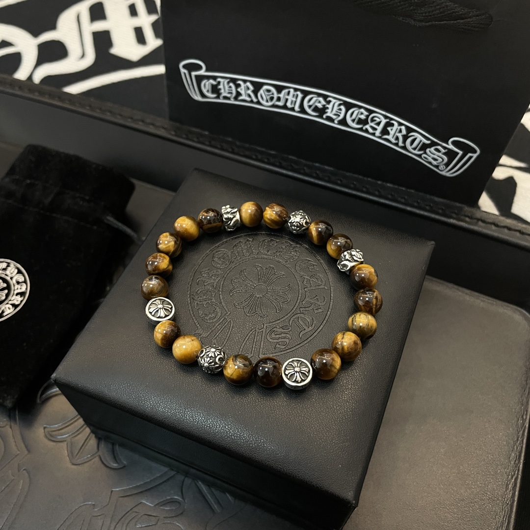Chrome Hearts Classic Vintage Multi-Element Tiger Eye Beaded Bracelet - Comprehensive 6