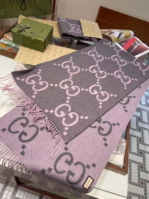 Gucci Women's Wool Blend Double-Sided Jacquard Scarf - Pink & Gray, 200x45cm 1 Gucci Women's Wool Blend Double-Sided Jacquard Scarf - Pink & Gray, 200x45cm