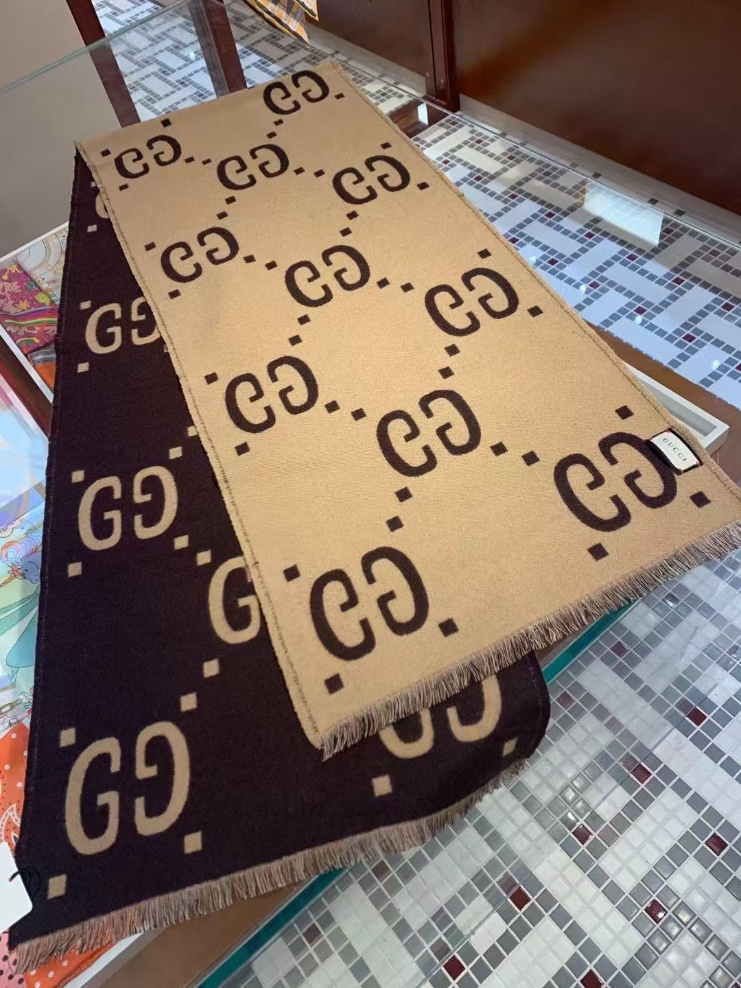 Gucci Wool Silk Blend Scarf with GG Pattern, 35x180cm - Unisex Style