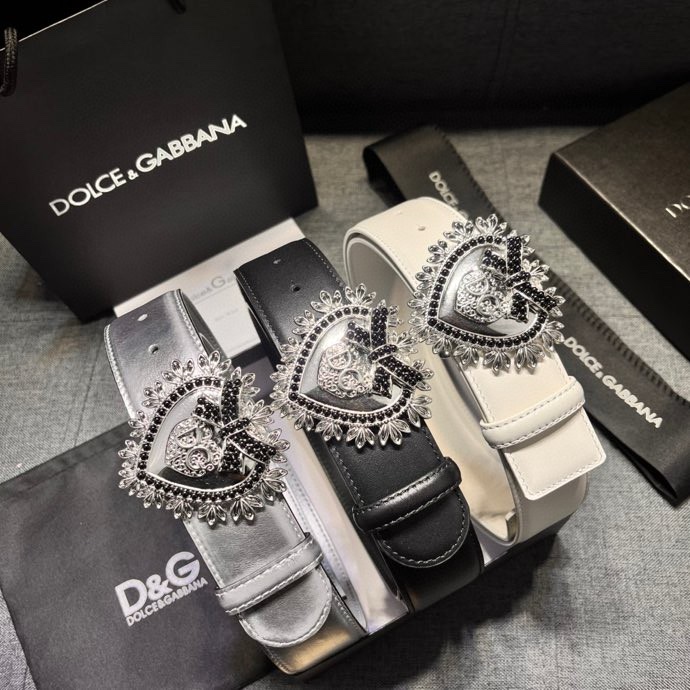 DG宽4.0新款Dolce&Gabbana小牛皮拼接织物腰带点缀手工徽标爱心珠宝搭扣镶嵌珍珠装饰腰带