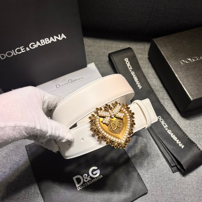 DG宽4.0新款Dolce&Gabbana小牛皮拼接织物腰带点缀手工徽标爱心珠宝搭扣镶嵌珍珠装饰腰带