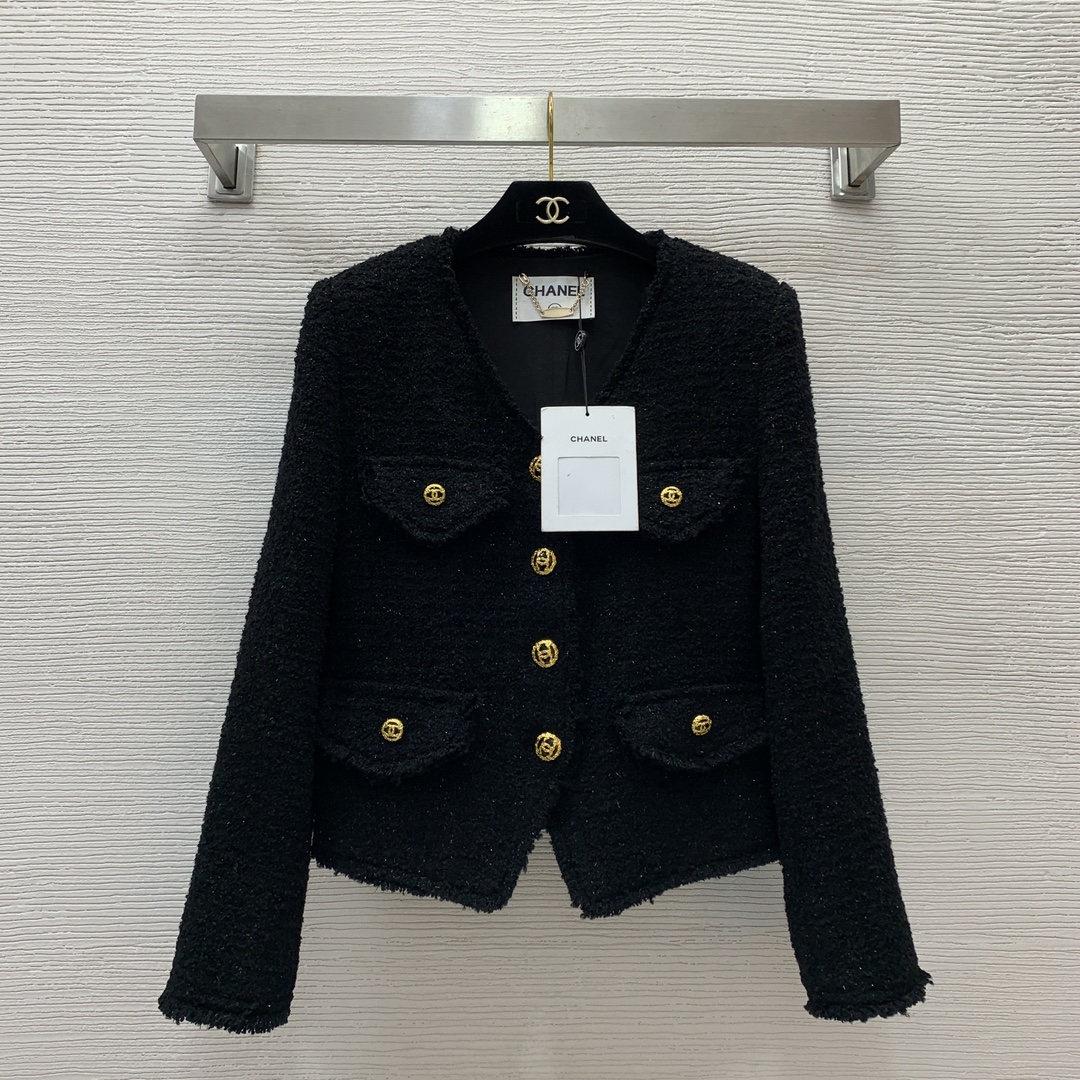 NO:610969,Model number G24120657 Chane* new high-end customized double C gold button temperament versatile V-neck slim tweed small fragrance style jacket!  Black, (M size bust 92, sleeve length 58, front length 55/50) hair,,chanel,jackets & coats,alexander wang19860909款号G24120657 Chane*新款 高端定制双C金色纽扣气质百搭V领修身显瘦粗花呢小香风外套！黑色,（M码胸围92,袖长58,前衣长55/50）发,,chanel,jackets & coats,alexander wang,Women's clothing
