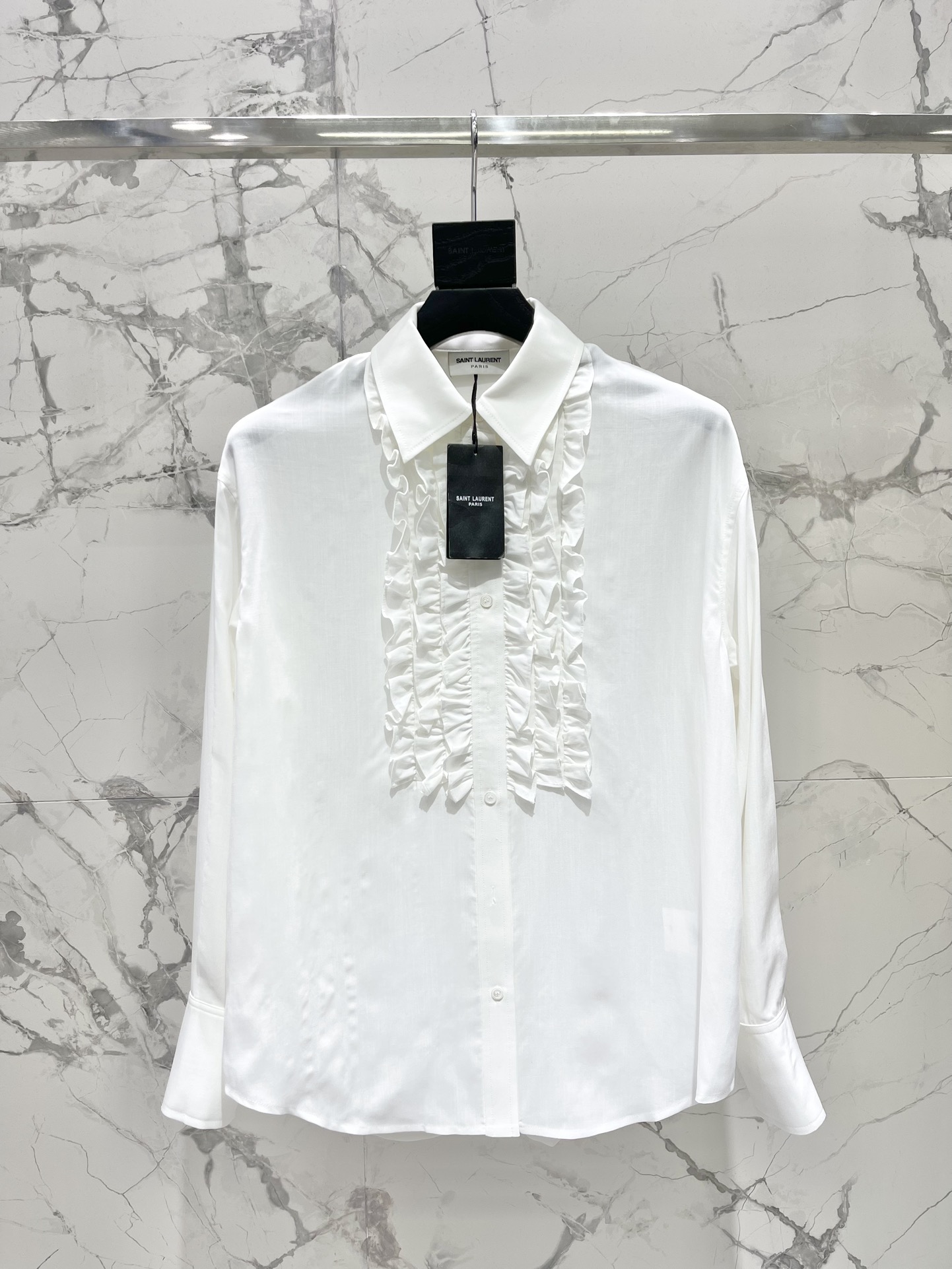 NO:829374,*Holy Family's new palace-style retro pleated lace long-sleeved shirt. The palace-style pleated lace reveals nobility and romance in every part. The fabric is super comfortable, smooth, and soft. When worn close to the body, it's like being wrapped by clouds~ In terms of color, it's super versatile without losing a sense of high-end. You instantly feel like you're up to date!  Whether paired with high-waisted trousers or a skirt, it can be easily worn and transformed into a retro ladylike style in an instant. The pleated lace design is simply the finishing touch!  Not only does it add a sense of layering, but it also makes the overall look more three-dimensional, making it super photogenic. The pleats on the body not only make you slim but also hide your flesh, which is great news for fat girls!  Super easy to match!  Whether it's for daily outings or attending parties, you can be the center of attention. I can't wait to wear it to take a set of beautiful photos!  Size SML, Saint Laurent-clothing, saint laurent, skirts, shirts,19860909* 圣家新款宫延风复古褶皱花边长袖衬衫 宫廷风的褶皱花边,每一处都透露着高贵与浪漫 面料超级舒服,滑滑的,软软的,贴身穿着就像云朵包裹着一样～ 颜色上,超级百搭又不失高级感.瞬间感觉自己气质up up！无论是搭配高腰裤还是半身裙,都能轻松驾驭,秒变复古名媛风 设计上褶皱花边设计,简直是点睛之笔！不仅增添了层次感,还让整体look更加立体,拍照超级上镜.衣身的褶皱处理,既显瘦又藏肉,简直是微胖妹妹的福音！ 超级好搭！无论是日常出行还是参加聚会,都能让你成为全场焦点.我已经迫不及待想要穿着它去拍一组美美的照片啦！ 码数SML,圣罗兰-服装,saint laurent,skirts,shirts,,Women's clothing