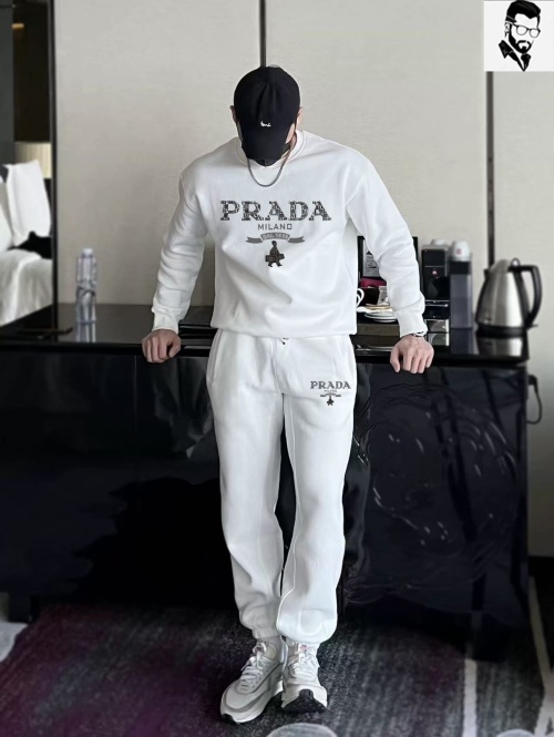 Prada Men's White Cotton Sweatshirt & Jogger Set, Plus Size Available