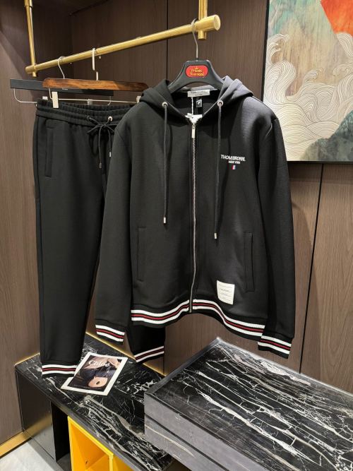 Thom Browne Men's Black Cotton Hoodie and Jogger Set with Striped Trim