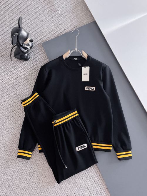 Fendi Men's Black Cotton Sweatshirt and Jogger Set with Yellow Stripes 1 Fendi Men's Black Cotton Sweatshirt and Jogger Set with Yellow Stripes