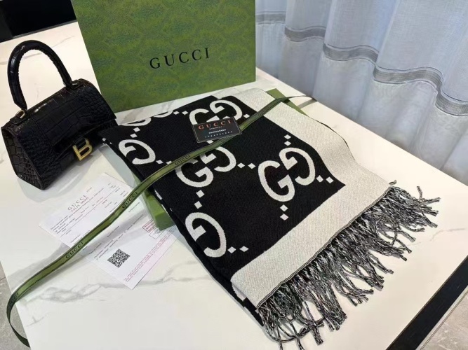Gucci Wool Silk Blend Scarf with Oversized Logo, 65 x 195 cm - Black/White 1 Gucci Wool Silk Blend Scarf with Oversized Logo, 65 x 195 cm - Black/White