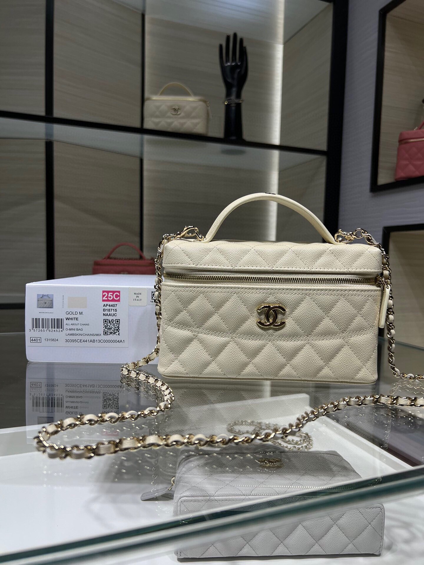 Ohanel 25c nuevo LP bolso cosmético con asa de cadena bolso bandolera de cuero de vaca blanco lechoso tamaño: 19,5 cm x…