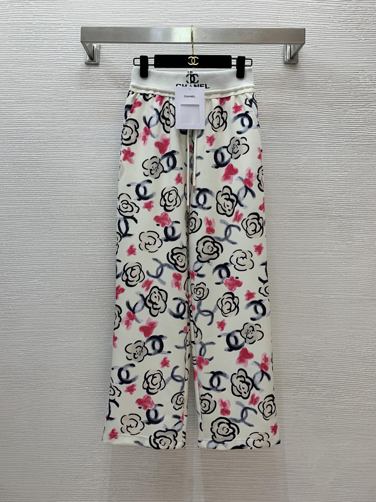 NO:314294,Model number D24121474 Chane* new style ink double C camellia print decorative waist logo logo elastic waist splicing fashionable versatile wide-leg pants casual trousers!  (M size waist circumference 64~68 elastic, hip circumference 102, trouser length 102, chanel, alexander wang19860909款号D24121474 Chane*新款 水墨双C山茶花印花装饰腰间logo标志弹力腰拼接时尚百搭阔腿裤休闲长裤！（M码腰围64～68松紧,臀围102,裤长102,,chanel,alexander wang,Women's clothing