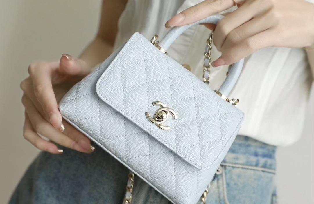 Chanel Mini Coco Handle Flap Bag Light Blue Quilted Leather Top Handle Bag