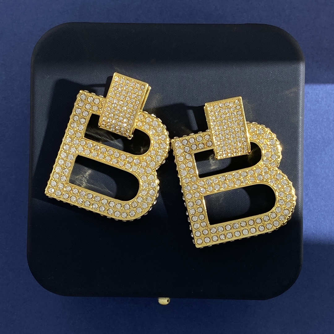 Balenciaga 大号巴黎世家BALENCIAGA欧美夸张走秀款满钻U形耳钉挂双B字母标志耳环