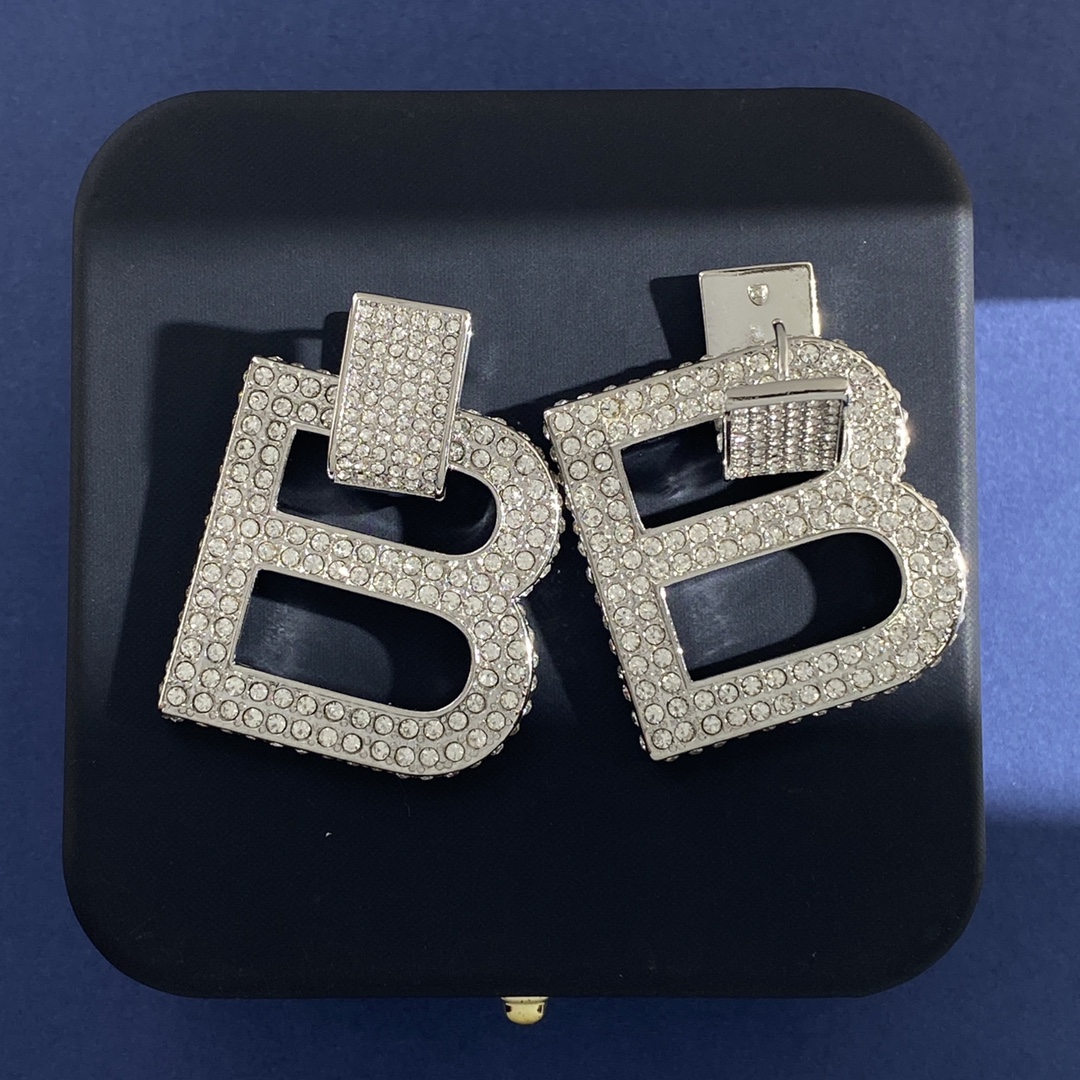 Balenciaga 大号巴黎世家BALENCIAGA欧美夸张走秀款满钻U形耳钉挂双B字母标志耳环