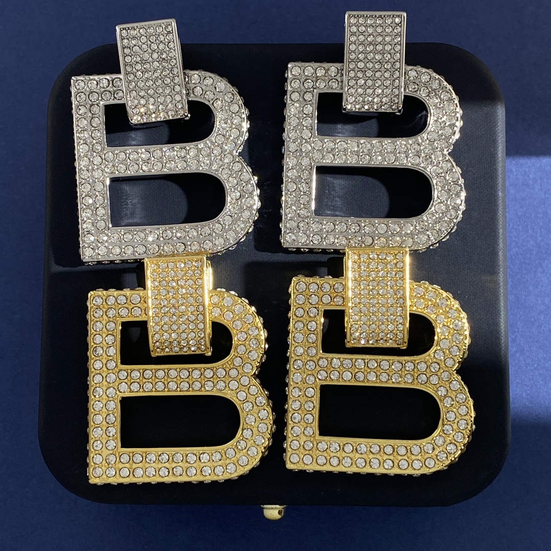 Balenciaga 大号巴黎世家BALENCIAGA欧美夸张走秀款满钻U形耳钉挂双B字母标志耳环