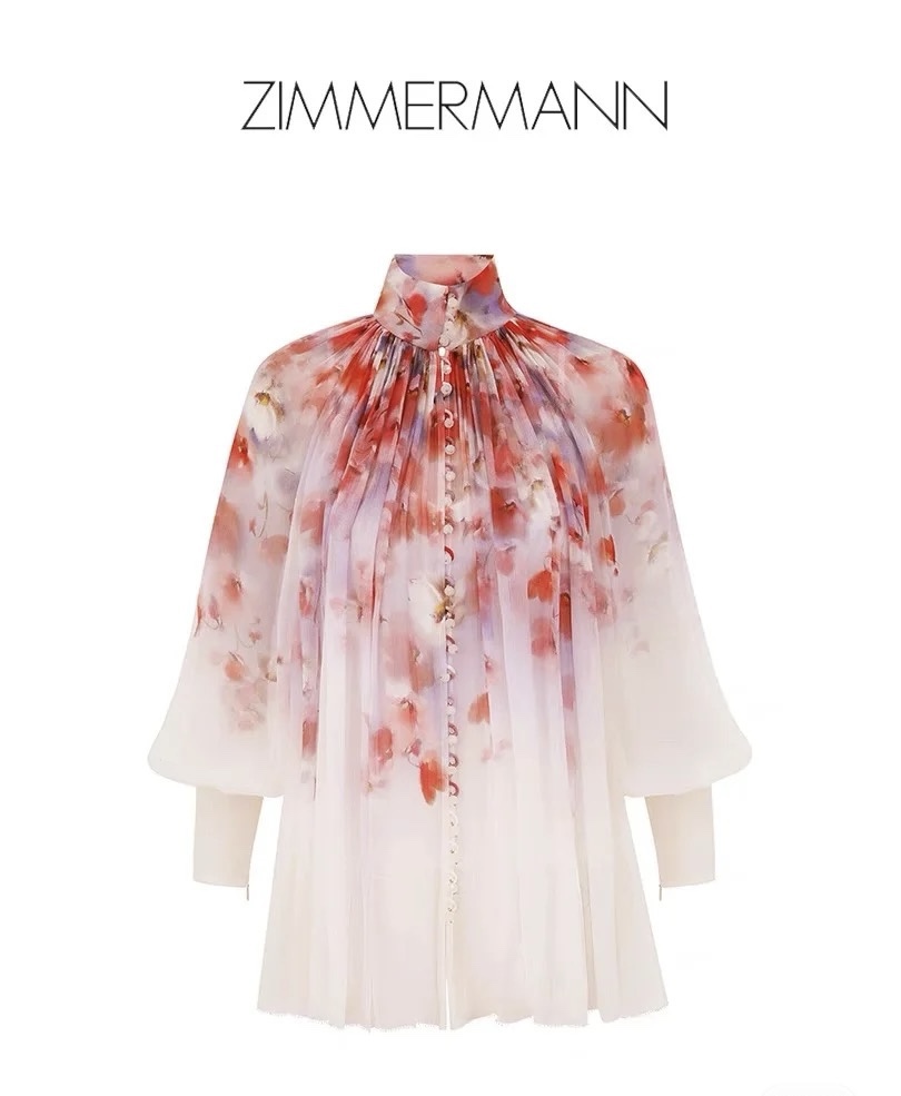 NO:315662,ZIMMERMA*N ZIMMERMA Australia Brand High-end Custom Silk Fabric, Fashionable and Sexy Red Flower Printed Buttoned Collar Loose and Versatile Long Sleeve Silk Shirt Top!  (M size inner bust 92, front cloak length 53/52, bust 138, rotator sleeve 68, cloak length 64), real silk, alexander wang19860909ZIMMERMA*N兹默曼澳洲品牌 高端定制Silk真丝面料、时尚性感透视红色花朵印花系扣立领宽松百搭长袖真丝衬衣上衣！（M码内搭胸围92,前衣长53/52,胸围138,连肩袖68,衣长64）,,real silk,alexander wang,Women's clothing