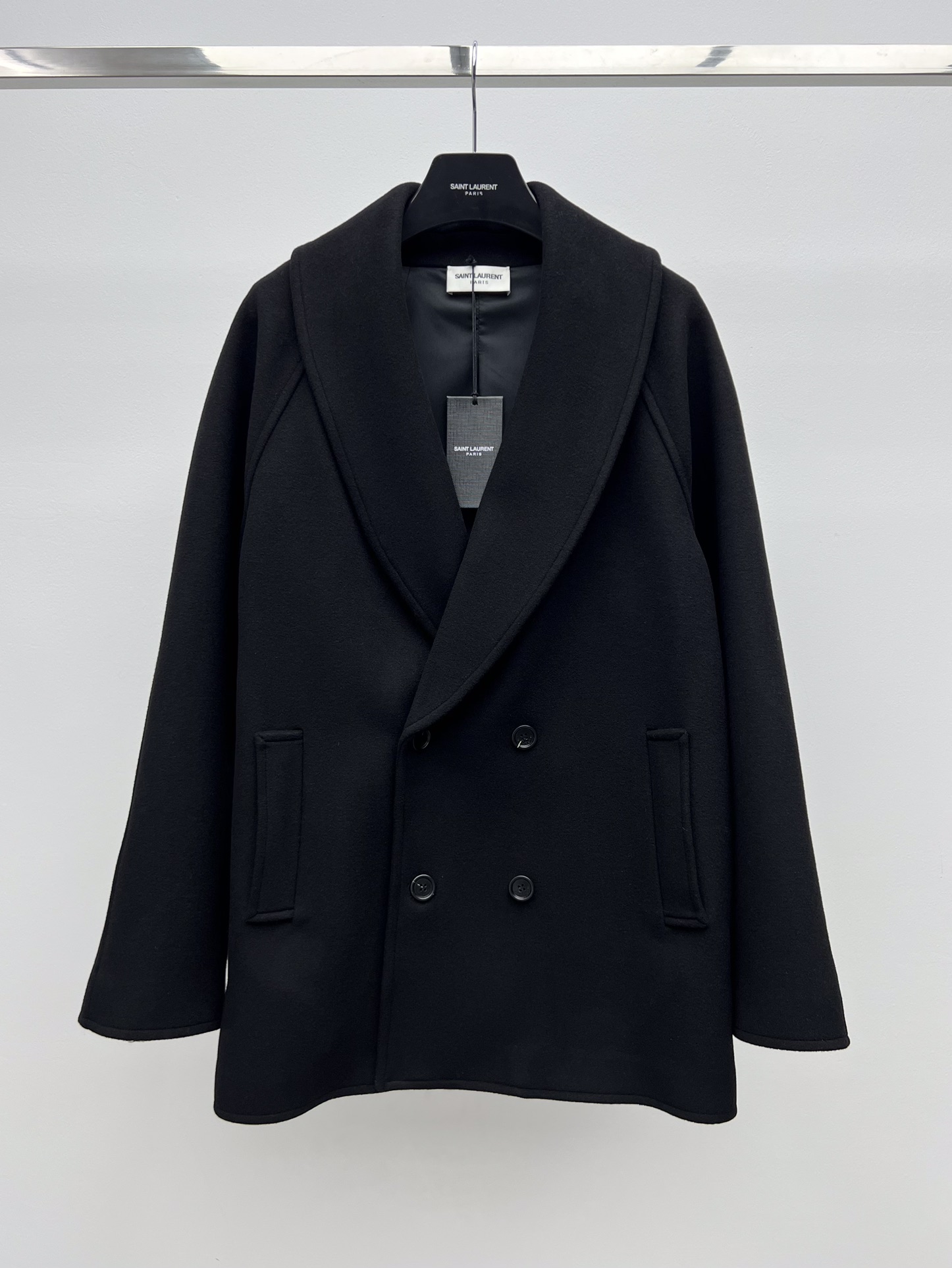 High-Quality Saint Laurent Female Suit: Wool Coat with Double-Button Front and Wide Collars