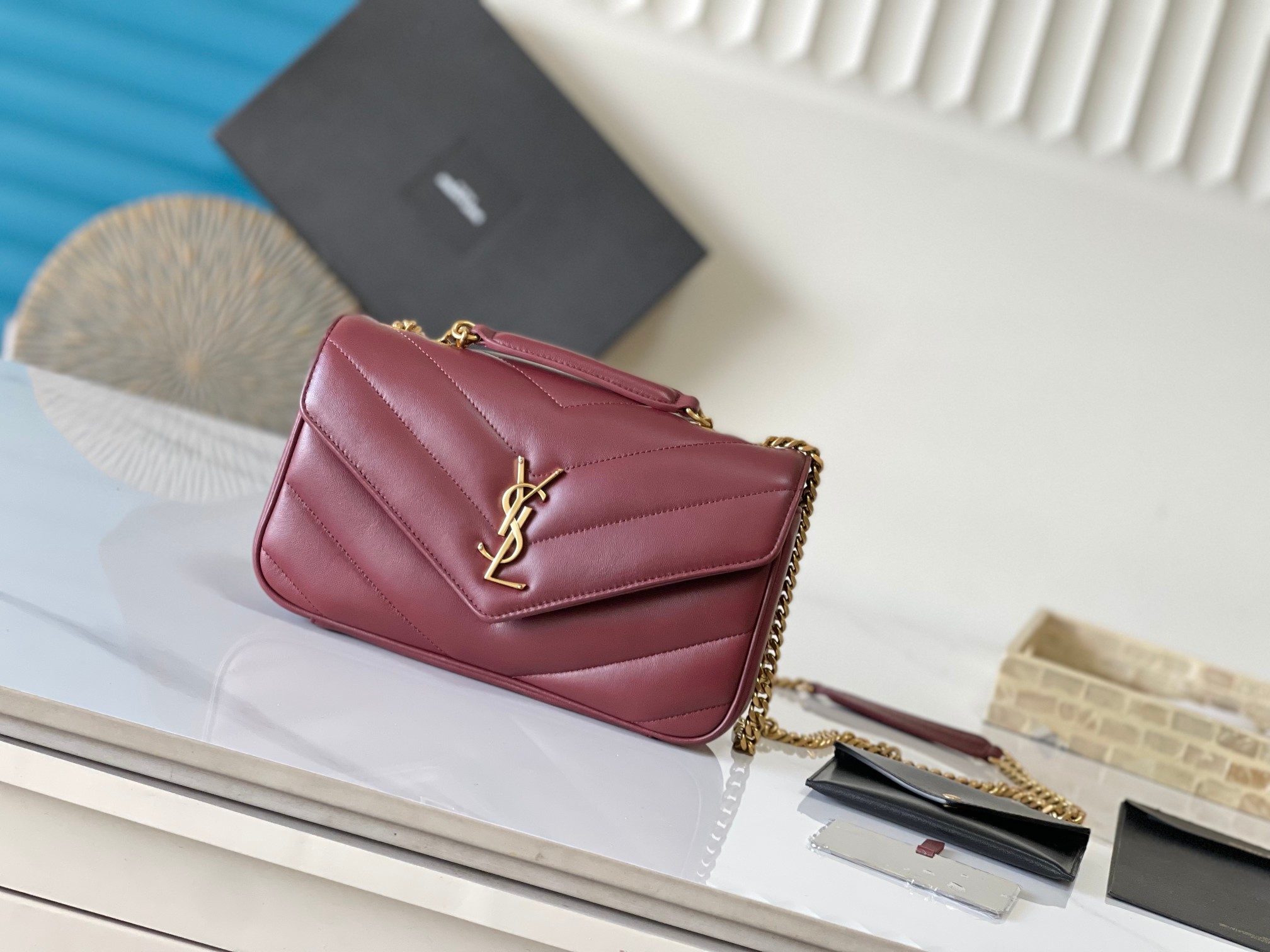 Lambskin Envelope Bag Herringbone Quilted Sliding Chain Detachable Card Holder Makeup Mirror