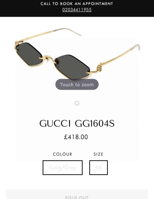Gucci GG1604S Gold/Grey Metal Half-Frame Sunglasses, Trendy Rhomboid Design