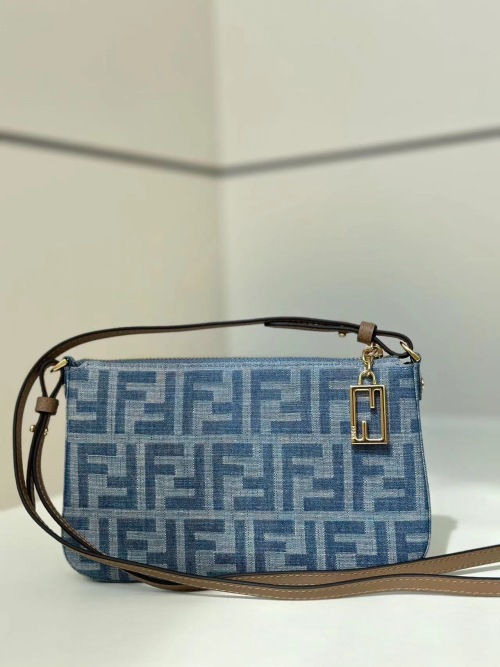Fendi Baguette Handbag with FF Logo in Blue Denim, Removable Chain Strap 1 Fendi Baguette Handbag with FF Logo in Blue Denim, Removable Chain Strap