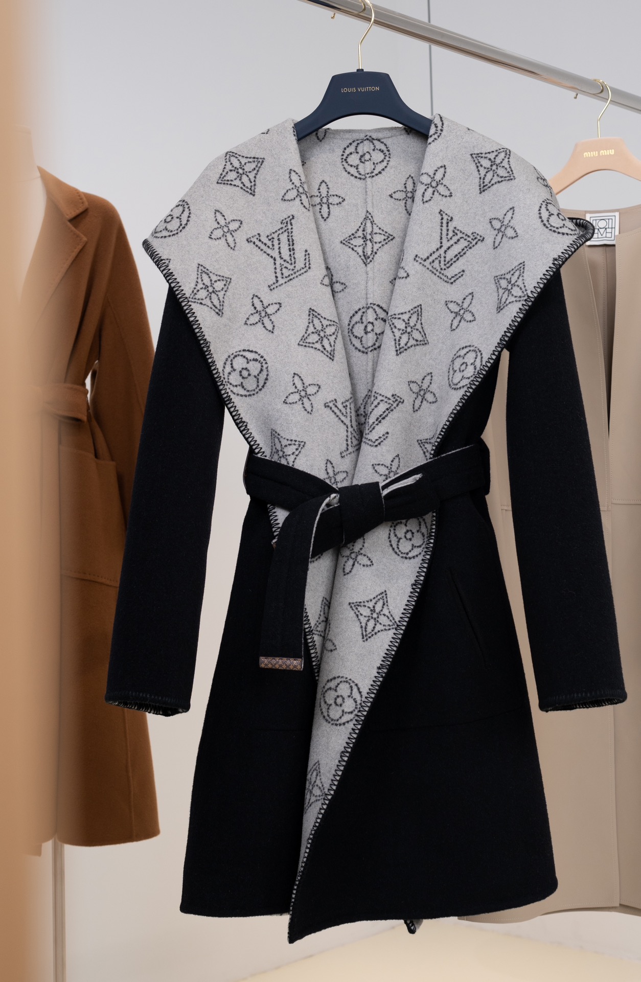 Monogram Wool-Silk Blend Wrap Coat with Leather Trim – Classic Elegance