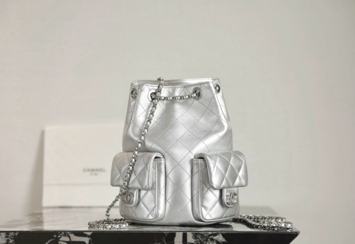 Chanel 125C Silver Lambskin Quilted Drawstring Backpack with Chain Detail 1 Chanel 125C Silver Lambskin Quilted Drawstring Backpack with Chain Detail