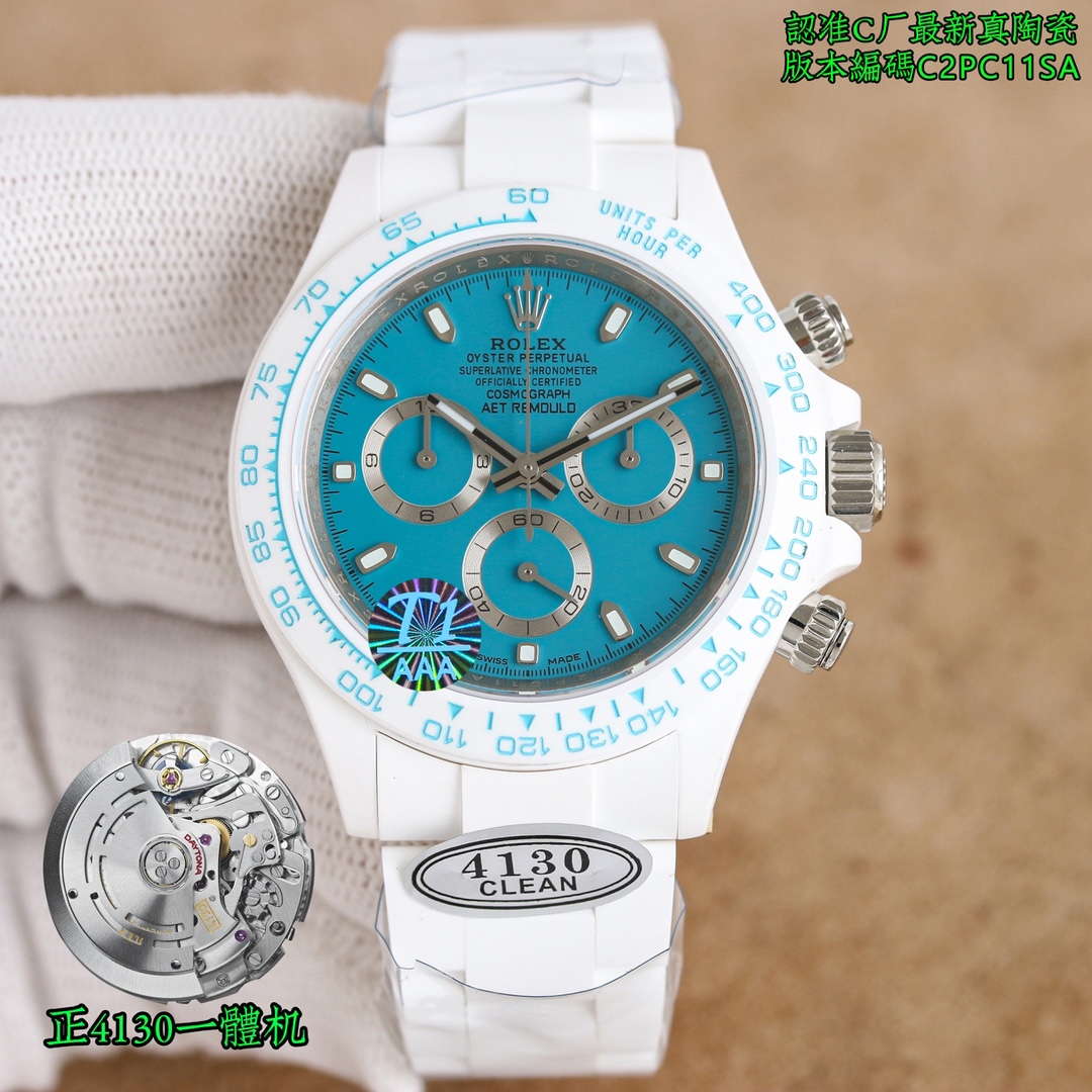 NO:147065,Unified Factory C/clean, it must be a fine product (updated customized super ceramic integrated material, integrated case, integrated buckle, making the watch easier and faster, comfortable to wear, full of all) ROLEX Cosmic Chronograph Ditona series of ceramic integrated case custom version, the watch is not only lightweight to wear, but also hard to wear. Each watch has a unique wearing experience!  [Case] ​​The watch size is 40X12.4. The factory C is capable of casting the unique style of ceramics Rolex. The market is exclusive to the market. The entire shell cover, ring mouth and bottom cover are made of high composite ceramics and super luminous powder. The details are made by hand chamfering polishing. The texture is extraordinary. [Watch Buckling] The strap is made of natural ceramics, breathable and comfortable, and the texture is soft. [Movement] uses the 4130 integrated movement, perfectly realizing powerful functions and the king of cost-effectiveness!  Determine the quality of factory C, watch code, C2PC11SA, latest back cover label, pictures and truth, quality assurance, the strongest version, christian louboutin, rolex19860909统一 C厂/clean出品,必属精品,（更新定制超强陶瓷一体材质,一体表壳,一体表扣,让腕表表更加轻易快捷,佩戴感受舒服,满满得） ROLEX宇宙计时迪通拿系列之陶瓷一体表壳定制版,腕表不仅佩戴轻便,外表坚硬.且每一只腕表都拥有独一无二的佩戴感受！【表壳】腕表尺寸40X12.4吻合原装.C厂工厂实力铸造陶瓷劳力士的独特风采.市场独家做到,整个壳套,圈口包括底盖均采用高复合陶瓷和超强夜光粉所打造.细节之处更是经过手工倒角抛光所制.质感非凡.【表带扣】表带采用天然陶瓷所制,透气舒适,质地柔软.【机芯】采用正4130一体机机芯,完美实现强大功能,性价比之王！认准C厂品质,腕表编码,C2PC11SA,最新后盖标签,有图有真相,品质保证,最强版本,,christian louboutin,rolex,Watch