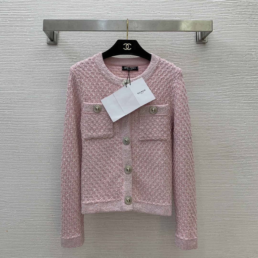NO:295671,Model number G24123057 Balmai* new high-end custom shining blingbling sequin knitted temperament celebrity Xiaoxiang style round neck knitted cardigan short top!  Pink, black, (M size bust 88, sleeve length 62, clothing length 54, balmain, balmain, alexander wang19860909款号G24123057 Balmai*巴尔曼新款 高端定制闪耀blingbling亮片编织气质名媛小香风圆领针织开衫短上衣！粉色、黑色、（M码胸围88,袖长62,衣长54,,balmain,balmain,alexander wang,Women's clothing