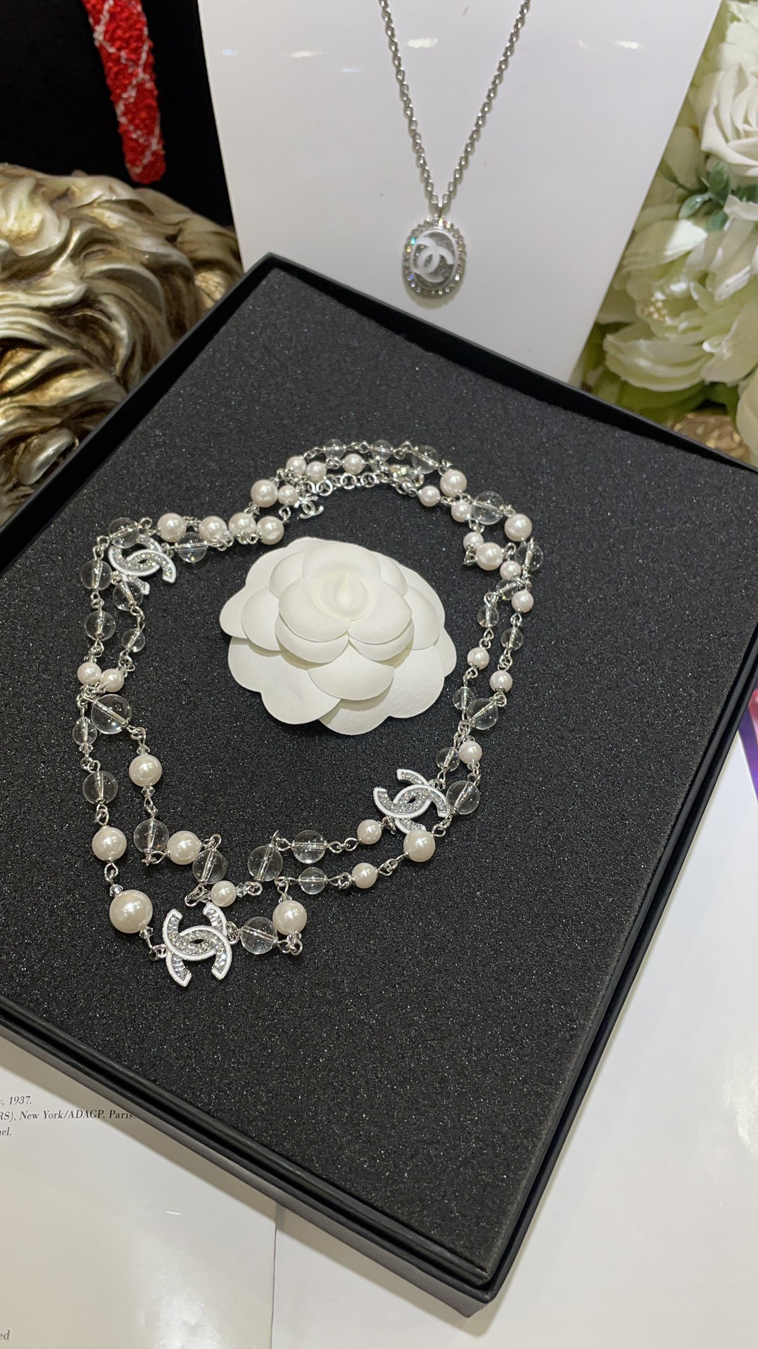 CHANEL Necklace White Enamel Rhinestone Pearl Double C Long Chain