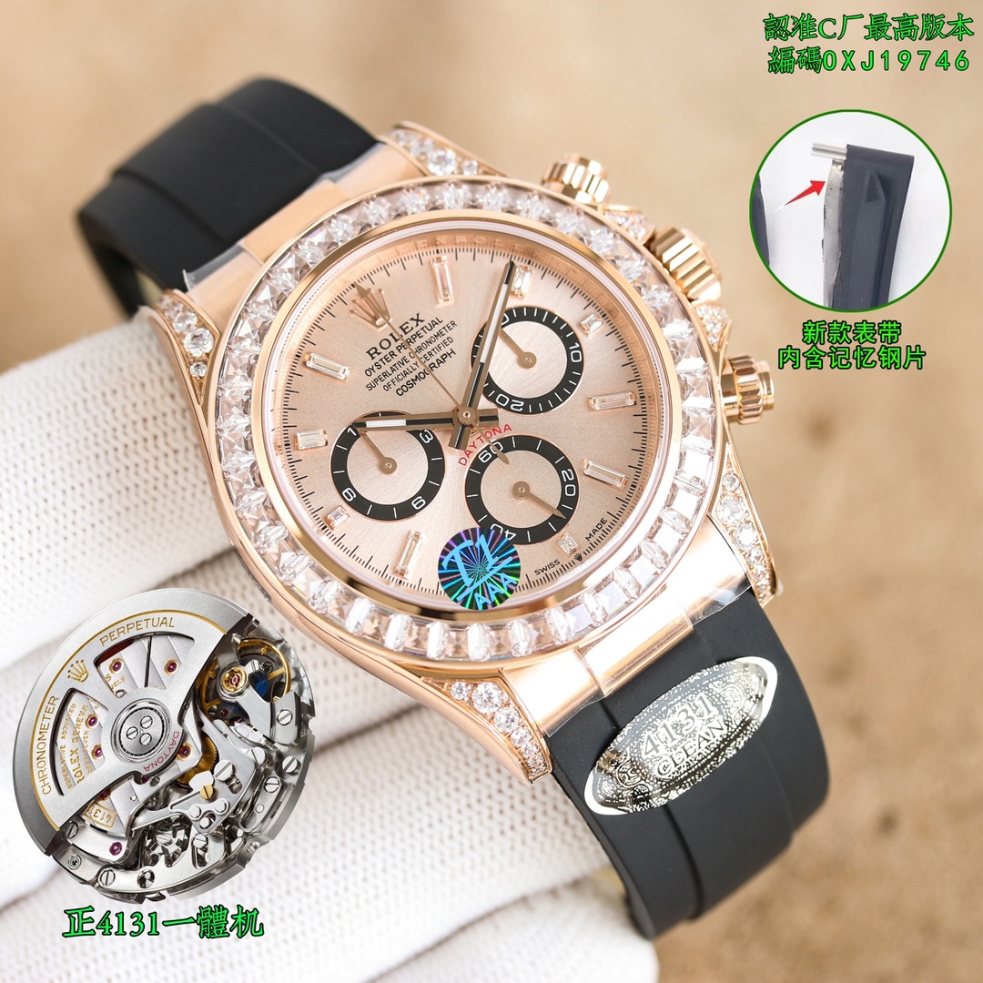 NO:147207,Unified Factory C new products, produced by Factory C, absolutely the highest version, Ditona Zheng 4131 all-in-one machine (high-quality super A version) The king of cost performance, the most stable version of the market is launched this time. Recognize the code: Factory C tape watch code, OXJ19746, Factory C steel tape watch code, OXJ26315 (thickness 11.9) The original version is consistent, recognize the latest label of the back cover of Factory C!  Pair with the best steel tape in it!  New product Ditona series!  The entire series has ushered in a brand new change, with the following changes: 1 The scale time mark has become thinner 2 The chronograph is more elegant and slender 3 The crown logo is added at six o'clock 4 The ceramic ring has a new metal outer ring 5 The new case represents the ears with stronger curve effect 6 The movement upgrade has been upgraded from 4130 to 4131 C1 There are also new breakthroughs in the development of this new product, and it is finally perfectly released!  Full of details. This time, every spare parts are carefully reproduced and rewarded with the most perfect quality possible. 1. All colors of the dial are consistent with the original version, and there is no color difference!  Each time scale is finely cast and chamfered and polished, and platinum electroplating is used to ensure that it will not fade forever!  The font on the disk is clear and three-dimensional!  2. Factory C customized fine steel belt, top-quality wire drawing technology!  The tape is made of natural fluoroelastic tape, the tape is built-in memory steel sheet, and the raw ear holes are also equipped with anti-broken steel passes. 3. The needle is made of BUff factory high-end watch needle, plus platinum fine plating, no burrs. The three small second hand and large second hand are all solid needle shafts, and the needle cap is in the shape of a mushroom head. 4 The authentic ceramic ring mouth is filled with platinum electroplating through PVD technology. The font is the same as the original, and the overall quality of the original is restored!  5. The metal seal logo of the 5-head lugs on the back is clearly visible. 6. This time, Dandong 4131 movement is precisely because of its extremely stable performance, and its power reserve can reach a real 72-hour period. Production from Factory C is full of sincerity and details, just to eliminate the falsehood!  Welcome watch friends to choose and taste. Please identify the latest labels for factory C back cover, quality assurance, hats19860909统一 C厂新品 ,C厂出品,绝对最高版本,迪通拿正4131一体机（精品超A版本） 性价比之王,本次推出目前市场最稳定版本. 认准编码:C厂胶带款腕表编码,OXJ19746,C厂腕表钢带款腕表编码,OXJ26315（厚度11.9） 原版一致,认准C厂后盖最新标签！搭配最好的内含钢片胶带！ 新品迪通拿系列！整个系列迎来了全新的改变,具体有以下几点改变 1刻度时标变得更加纤细 2计时表盘更加优雅纤细 3 六点位增加皇冠标志 4陶瓷圈新增金属外圈 5表壳新一代表耳有更强的曲线效果 6机芯升级从4130升级为4131 C1 在本次新品研发也有了新突破,终于完美出炉！细节满满,这次岀品精心复刻每一个零配件,尽可能以最完美的品质回馈表友们. 1.表盘所有颜色均与原版一致,无色差！每个时标刻度都精抛倒角打磨的基础上采用铂金电镀做到永久不退色！ 盘面字体清晰分明立体感十足！ 2. C厂订制精钢钢带,顶级拉丝艺！胶带采用天然氟橡胶胶带,胶带内置记忆钢片,生耳孔也加装防断钢通. 3.表针采用BUff工厂高端表针,再加上铂金精镀,无毛刺,三枚小秒针和大秒针均按用实心针轴,针帽呈蘑菇头状. 4正品同款陶瓷圈圈口,通过PVD技术铂金电镀填充,字体与原版一致,整体还原了原版品质！ 5表耳背部AU750.狗头标金属钢印标识清晰可见. 6本次选择,丹东4131机芯正因为它的极其稳定性能,动力储能更能达到真正的72小时之久. C厂出品,诚意满满,细节满满,只为杜绝一眼假！欢迎表友选购,品鉴.认准C厂后盖最新标签,品质保证,,hats,Watch