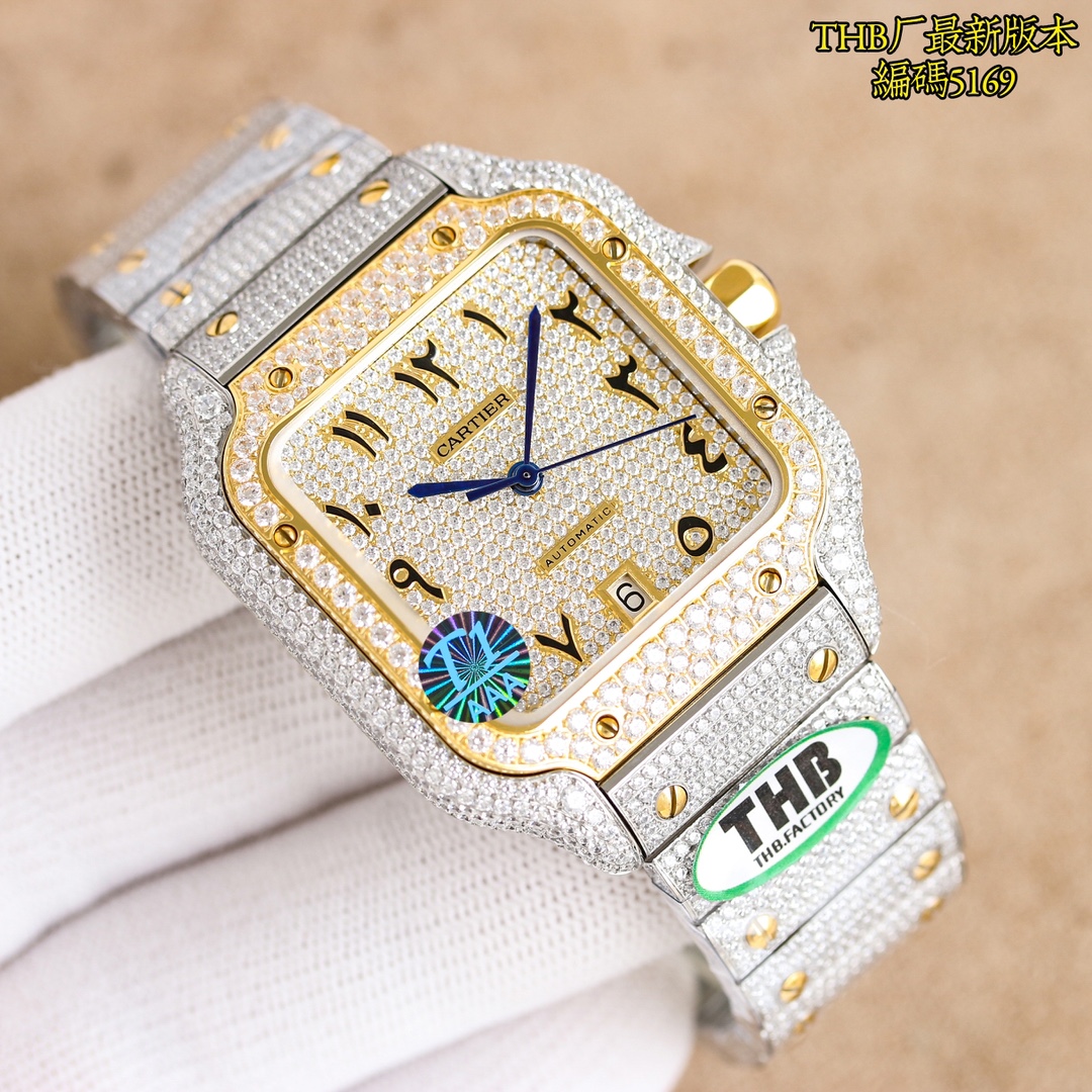 NO:147215,ONE Factoy THB's latest breakthrough is perfectly reproduced and restored the diamond-set version of the card. Extremely luxurious. Every diamond shines, bring him the brightest tonight. Cartier Mountain Star Special Edition is coming!  The most advanced high-tech inlay technology is adopted. The whole watch is purely hand-made inlaid diamonds, with 360 degrees without blind spots, and the most gems are inlaid so far. The strap is even more boundless inlay technology to make the whole watch look amazing. In order to achieve boundless inlay effect, countless attempts have been made. While maintaining the thickness of the original strap, it also has to ensure the perfect inlay effect; 1. Imported 904 stainless steel material, size 40mm, and uses exclusive ultra-thin and stable imported 9015 movement, which is stable when walking!  2. Swiss craft fired steel watch needles are equipped with blue glass white film/anti-glare/anti-hand patterns. 3. Equipped with two practical technologies of Cartier family, the latest technology of 