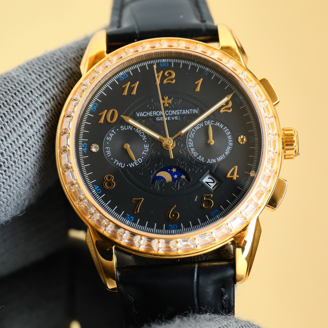 NO:147706,White Gold Vacheron Constantin R46 upgraded version of the series, multi-functional design top quality. Important tips (the upgraded version improves the shell body thinner than the old version, the glass is upgraded to wear-resistant and anti-falling, and is smoother and more beautiful than the old version! The inner cover is updated to a steel-sin inner cover; the watch texture and feel look more perfect) 18k quality vacuum plating in the furnace... (high-quality normal wear and 0 rework quality) This watch uses a multi-functional imported movement, with a variety of six-pin functions to display high-end. Atmospheric design style, (function displays week, calendar, month, day, night, starry 24 hours) The case uses 316 imported stainless steel and sapphire glass super strong scratch-resistant mirror, paired with imported calfskin strap buckle!  