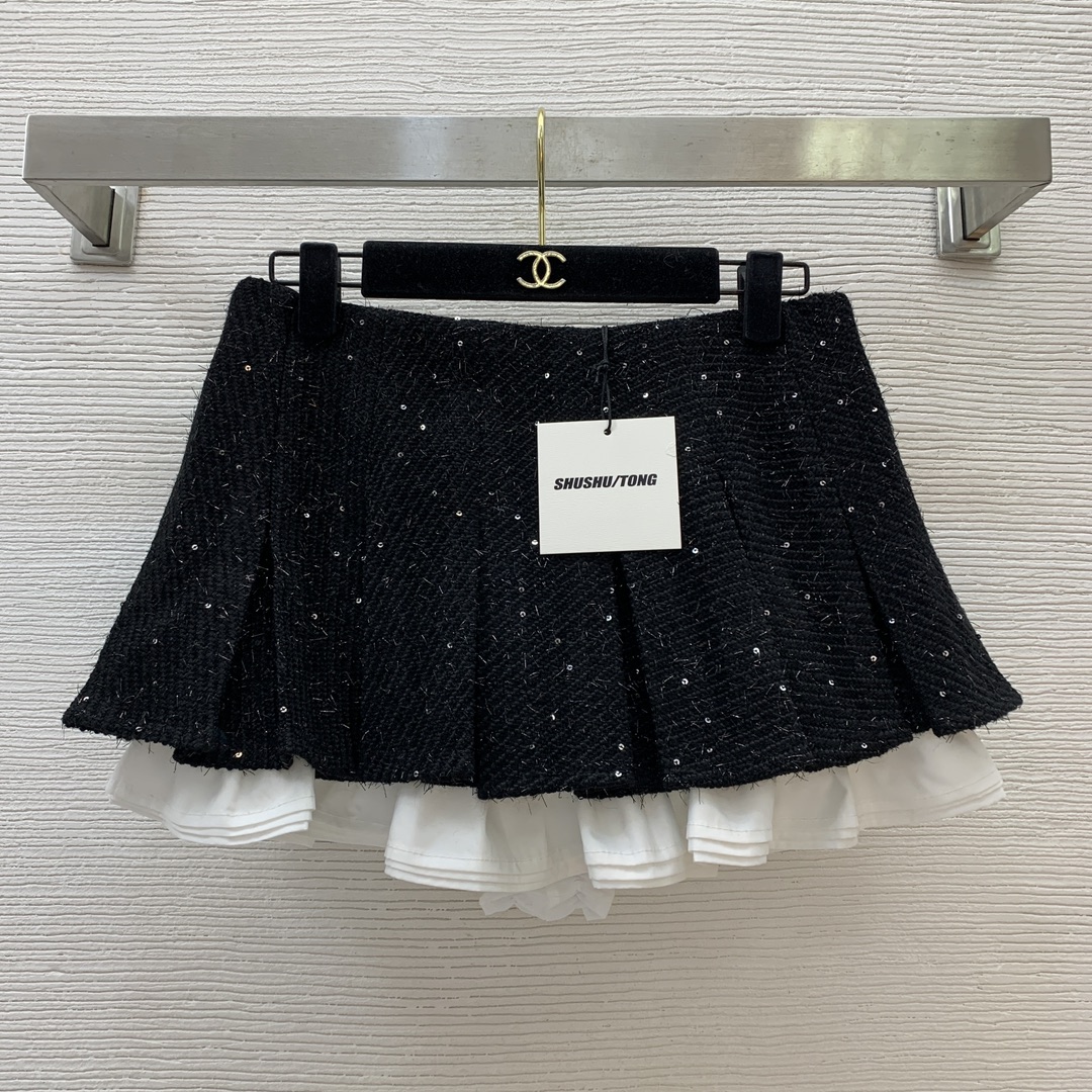 NO:316188,Model number G25011043 SHUSHU* newest style shining sequin blended tweed fabric high waist slim ruffled pleated miniskirt skirt!  Black, (M size waist 74, skirt length 29), skirts, alexander wang19860909款号G25011043 SHUSHU*新款 闪耀亮片混纺粗花呢面料 高腰显瘦荷叶边压褶超短裙半身裙！黑色,（M码腰围74,裙长29）,,skirts,alexander wang,Women's clothing