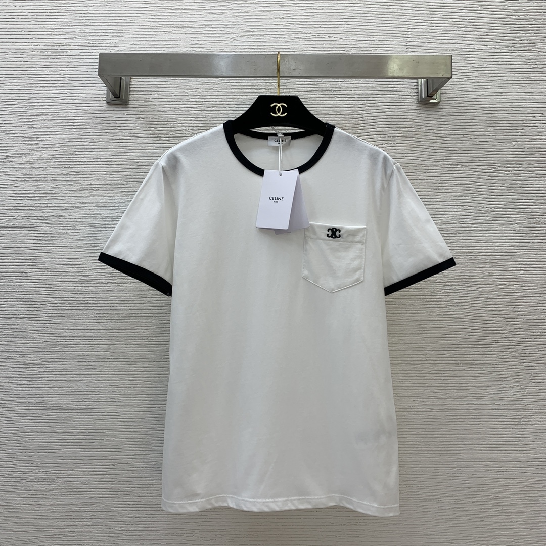 NO:324029,Model number G25011187 Celin* 25SS new model, high-version customization, classic Arc de Triomphe logo letter logo embroidery small logo contrast color edge fashion versatile round neck short-sleeved T-shirt top!  Black, white, (M size bust 92, sleeve length 18, clothing length 62), celine, T-shirt,tees, t-shirt,alexander wang19860909款号G25011187 Celin*思琳25SS新款 高版本定制 经典凯旋门标志字母logo刺绣小标志 撞色包边时尚百搭圆领短袖t恤上衣！黑色、白色、（M码胸围92,袖长18,衣长62）,,celine,T-shirt,tees，t-shirt,alexander wang,Women's clothing