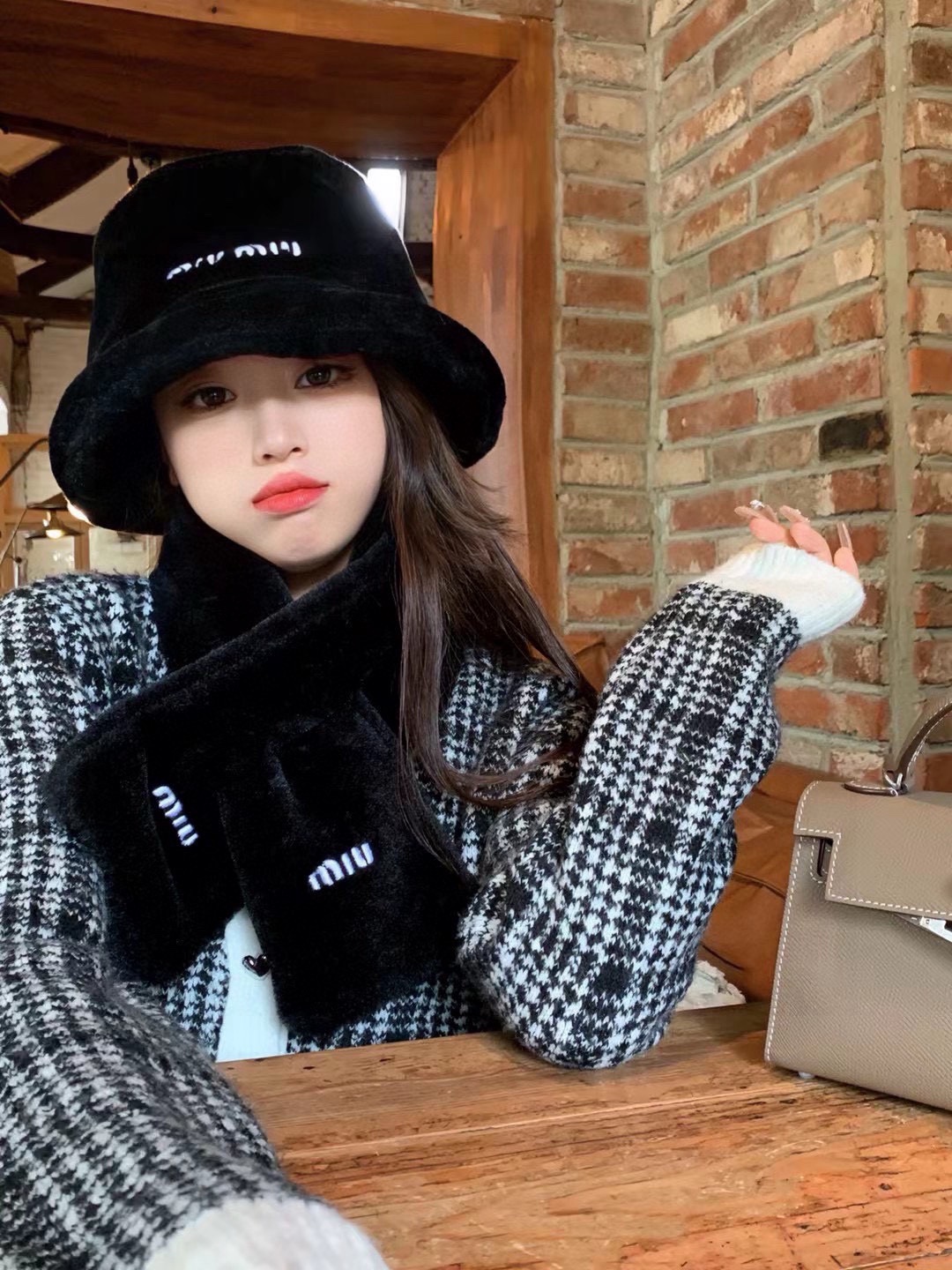 the hat, the scarf. miumiu, the lamb scarf hat