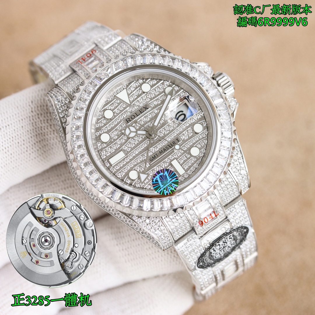 NO:147469,Unified Factory C, absolutely boutique, CLEAN Factory Popular Styles, GTM Four-Pin Arrival  The special model of the Lao family’s personalized customization [color] is extremely luxurious, Factory C challenges a new height to replicate - perfectly restore the most expensive Rolex Star watch in history - the special model of the pavé diamond of the Rolex Greenwich GTM four-pin II - ROLEX116769TBR-74779B [Case] ​​The watch size is 40mm. It is made of Germany’s latest top 904L Oyster steel. The dial, bezel, case and bracelet are densely inlaid with the top  The Swarovski diamonds are absolutely restored to the original and authentic luxury texture. [Watch strap] is made of 904L Oyster Steel. The Oyster Strap was launched in the late 1930s. It consists of three rows of wide and flat links. It is extremely sturdy. The whole bracelet is neatly and meticulously inlaid with beautiful diamonds, with golden light and radiant effects. [Movement] uses the latest top original authentic 3285 integrated movement, GMT two-place automatic mechanical movement  The original and authentic calendar adjustment method is consistent. [Mirror] Sapphire mirror. Super luminous literals, and the literal color is more delicate, which creates a visual effect consistent with the authentic one!  It suits most people's wrists, and all are tempted by the classic size and its unique emerald green. It adopts a classic three-hand design, with a three-dimensional hour marker, and a one-way rotating outer ring. The 3 o'clock position is the calendar window display, and the foam mirror on it has a magnification and convex effect. The 12 o'clock position is a three-dimensional triangle hour marker, and the 